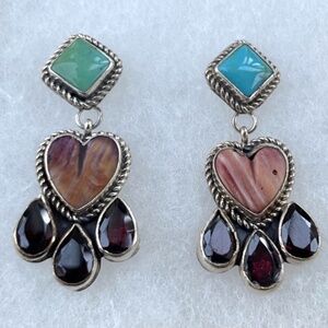 Sterling Nakai signed Navajo Heart Drop Earrings with turquoise and other gems